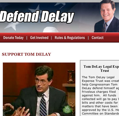 screenshot of DefendDeLay.com with Colbert clip